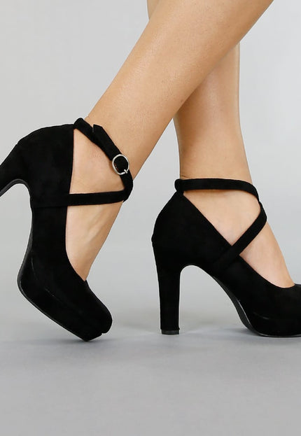 OP=OP.27.NL Zwarte Suède-Look Pumps met Enkelbandje