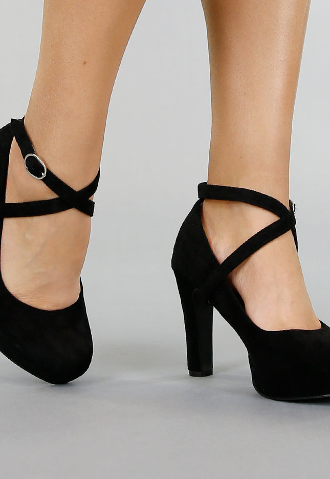 OP=OP.27.NL Zwarte Suède-Look Pumps met Enkelbandje