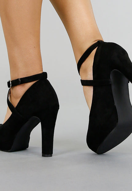 OP=OP.27.NL Zwarte Suède-Look Pumps met Enkelbandje
