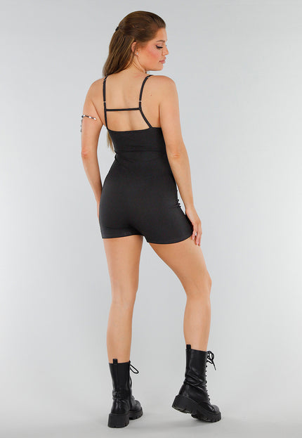 OP=OP.27.S Zwarte Rib Playsuit met Verstelbare Bandjes