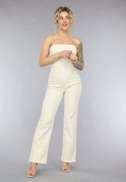 OP=OP.28.NL Beige Strapless Jumpsuit van Spijkerstof