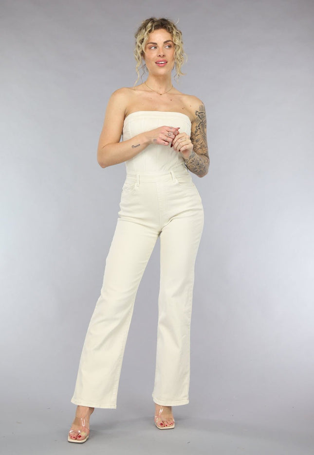 OP=OP.28.NL Beige Strapless Jumpsuit van Spijkerstof