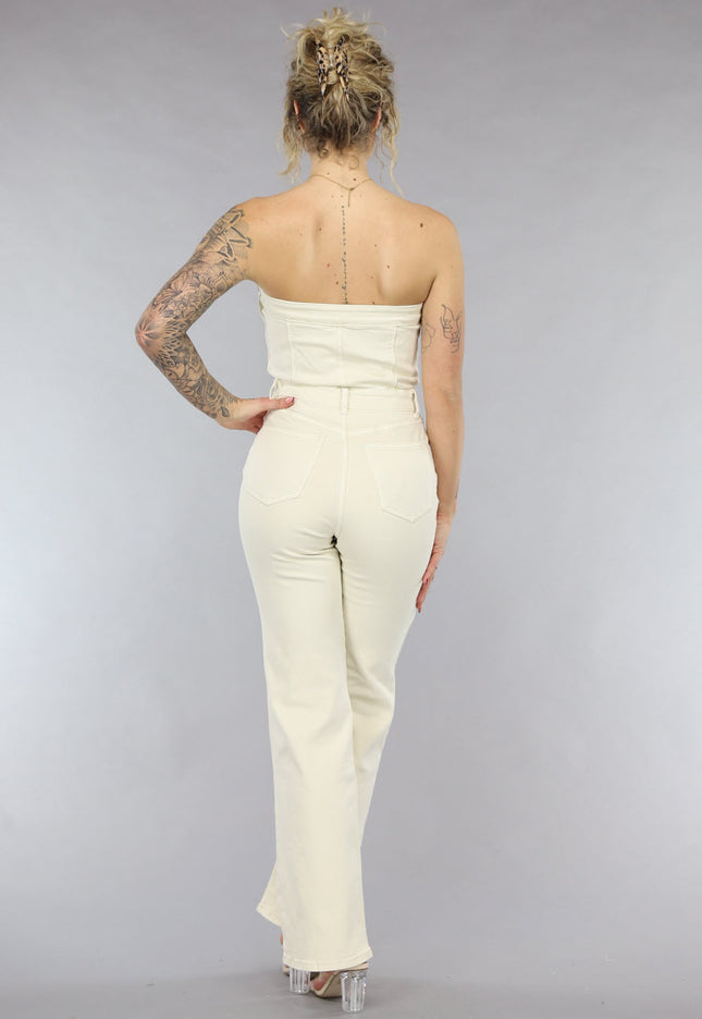 OP=OP.28.NL Beige Strapless Jumpsuit van Spijkerstof