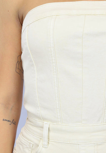 OP=OP.28.NL Beige Strapless Jumpsuit van Spijkerstof