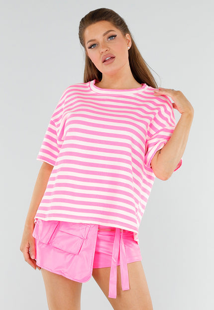 OP=OP.28.NL Felroze en Wit Gestreept T-Shirt