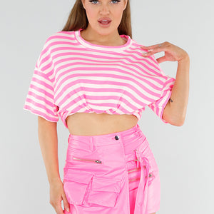 OP=OP.28.NL Felroze en Wit Gestreept T-Shirt