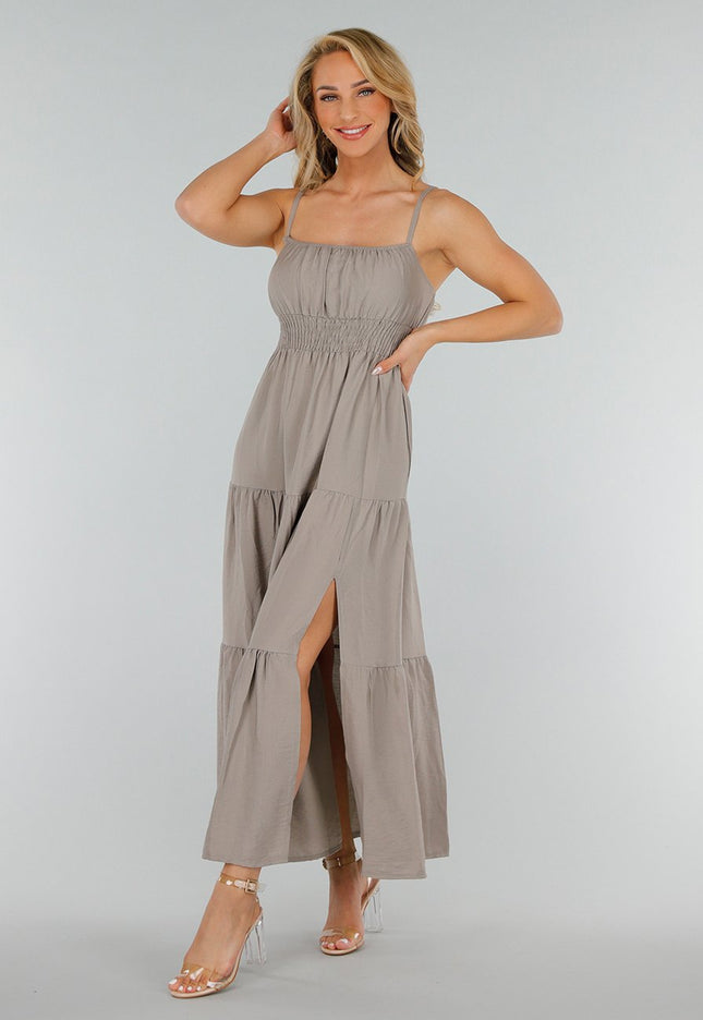 OP=OP.28.NL Grijze Maxi Jurk met Split en Spaghettibandjes