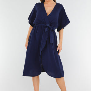 OP=OP.28.NL Navy Linnenlook Overslagjurk