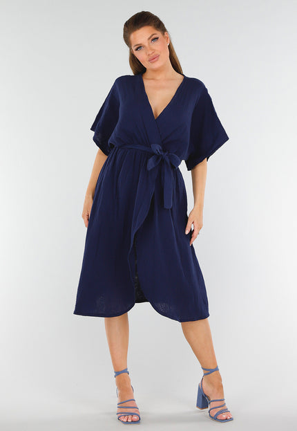 OP=OP.28.NL Navy Linnenlook Overslagjurk