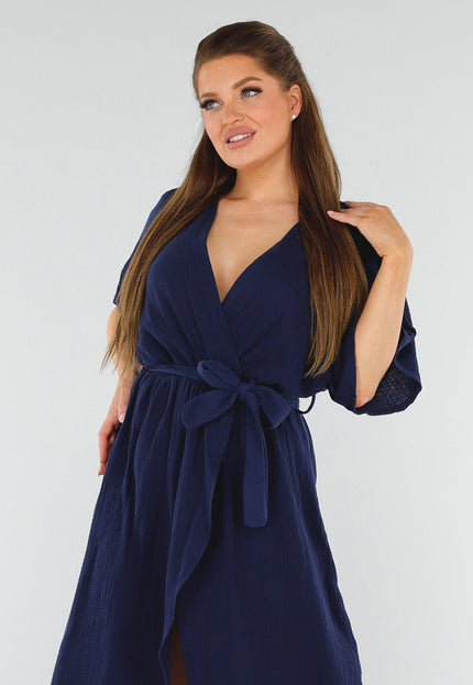 OP=OP.28.NL Navy Linnenlook Overslagjurk