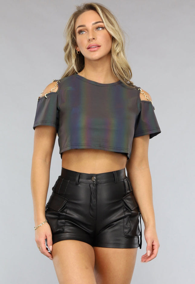 OP=OP.29.NL Reflecterende Crop Top met Korte Mouwen