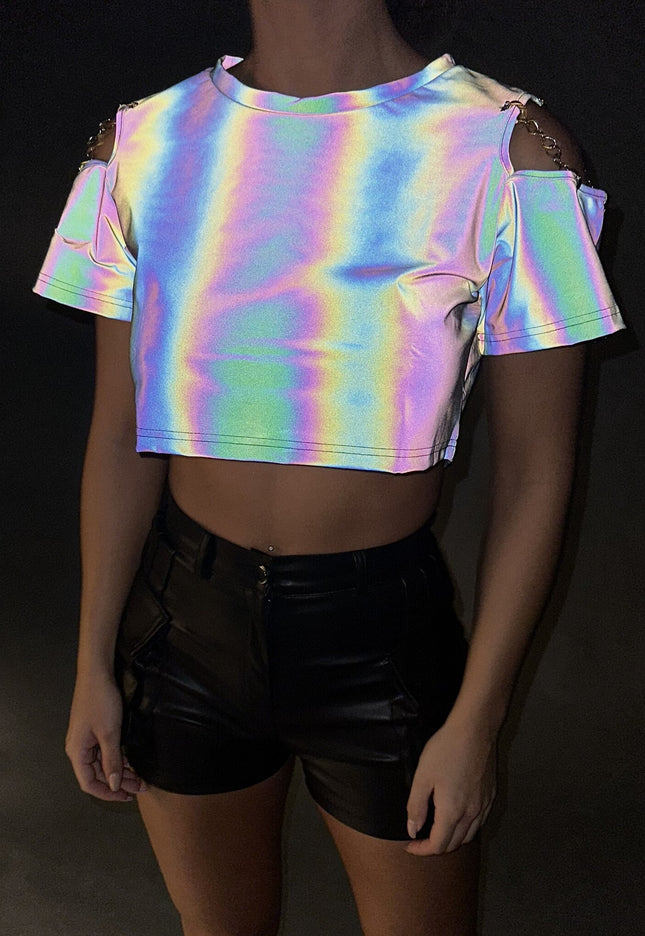 OP=OP.29.NL Reflecterende Crop Top met Korte Mouwen