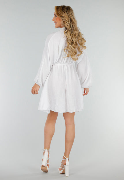 OP=OP.29.NL Witte Katoenen Linnenlook Jurk met Ruches