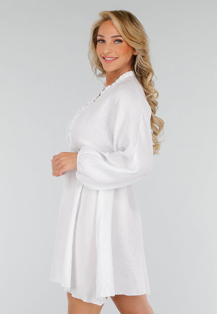 OP=OP.29.NL Witte Katoenen Linnenlook Jurk met Ruches