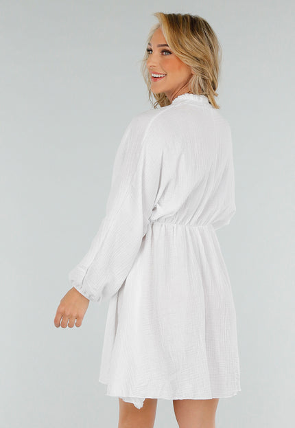 OP=OP.29.NL Witte Katoenen Linnenlook Jurk met Ruches