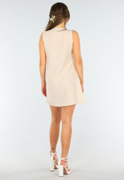 OP=OP.30.NL Beige Linnenlook Mouwloos Jurkje met Striksluiting