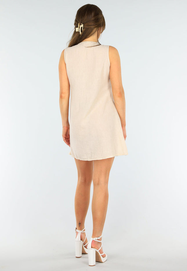 OP=OP.30.NL Beige Linnenlook Mouwloos Jurkje met Striksluiting