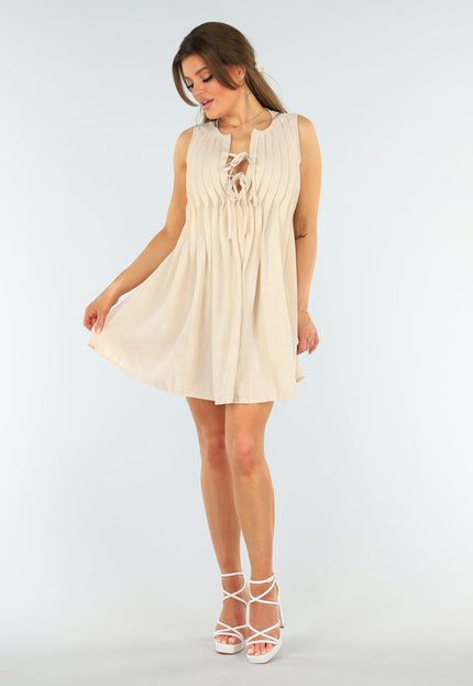 OP=OP.30.NL Beige Linnenlook Mouwloos Jurkje met Striksluiting