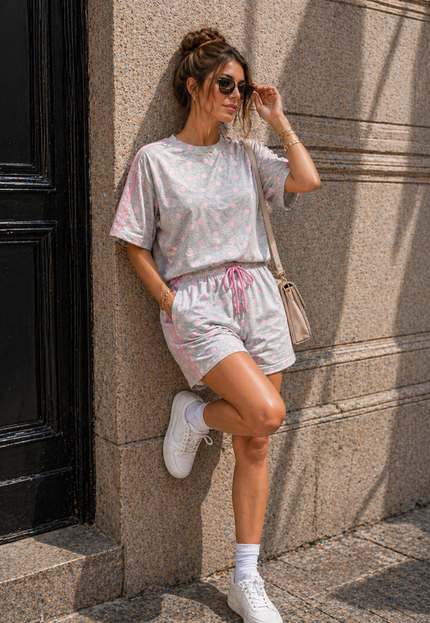 OP=OP.30.NL Grijs Roze Polkadot Two Piece Set met Shorts