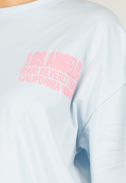 OP=OP.30.NL Lichtblauw T-shirt met Roze Print