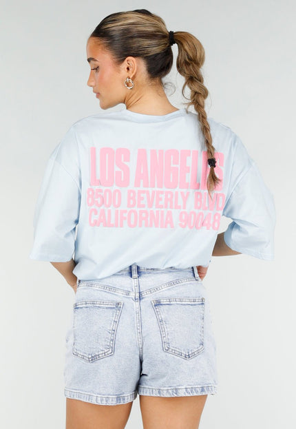 OP=OP.30.NL Lichtblauw T-shirt met Roze Print