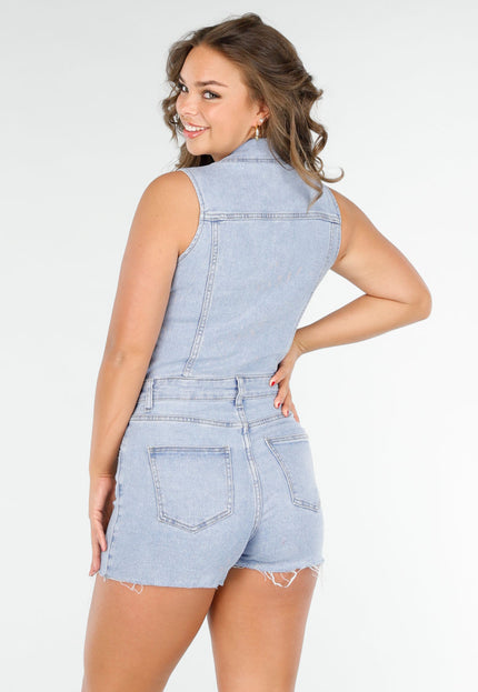 OP=OP.30.NL Lichtblauwe Stretch Denim Playsuit met Knopen