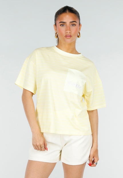 OP=OP.30.NL Lichtgeel Gestreept T-shirt met Opdruk