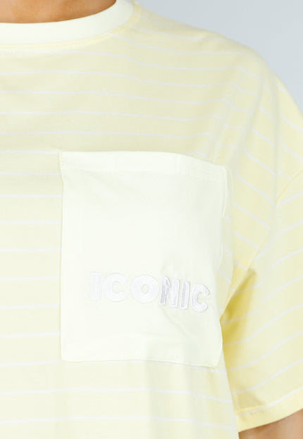 OP=OP.30.NL Lichtgeel Gestreept T-shirt met Opdruk