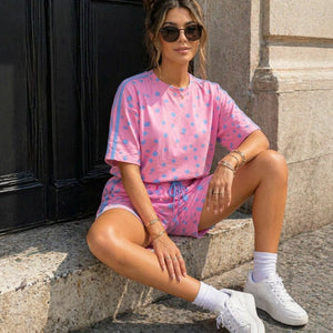 OP=OP.30.NL Roze Blauwe Polkadot Two Piece Set met Shorts