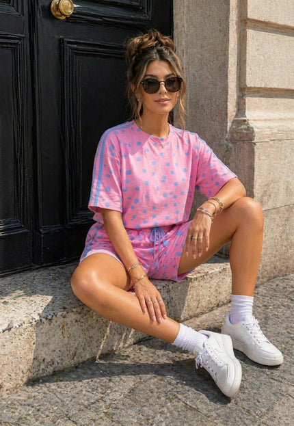 OP=OP.30.NL Roze Blauwe Polkadot Two Piece Set met Shorts