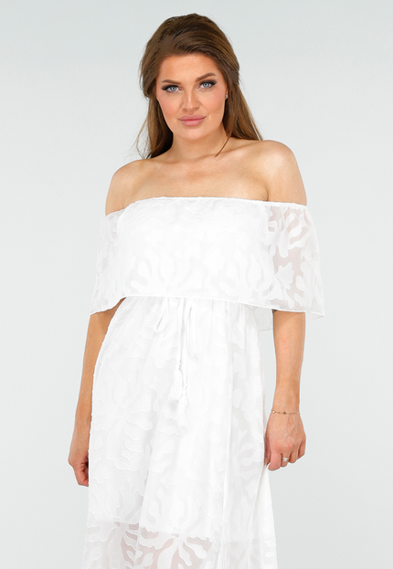 OP=OP.30.NL Witte Kanten Off Shoulder Maxi Jurk