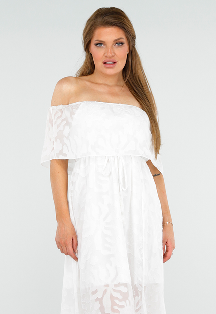 OP=OP.30.NL Witte Kanten Off Shoulder Maxi Jurk