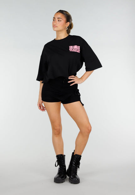 OP=OP.30.NL Zwart Oversized T-shirt met Roze Tekst