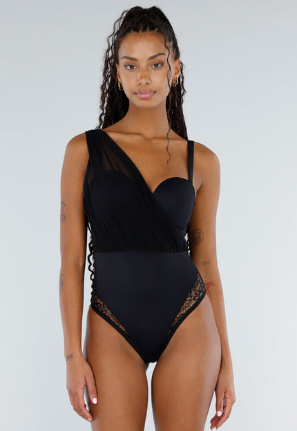 OP=OP.30.NL Zwarte Body met Mesh Detail