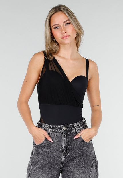 OP=OP.30.NL Zwarte Body met Mesh Detail
