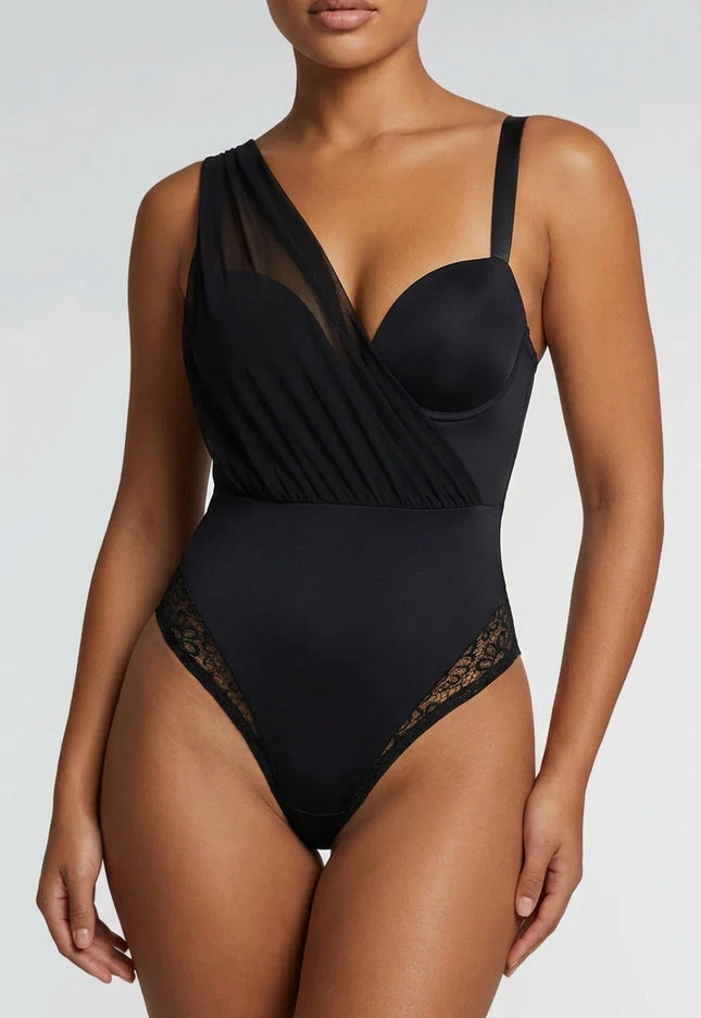 OP=OP.30.NL Zwarte Body met Mesh Detail