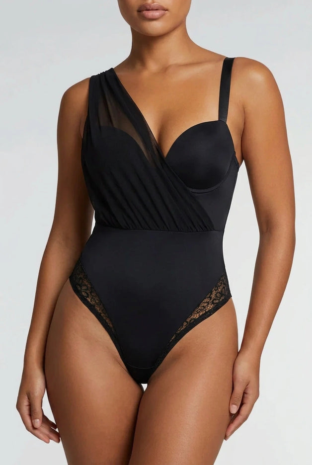OP=OP.30.NL Zwarte Body met Mesh Detail