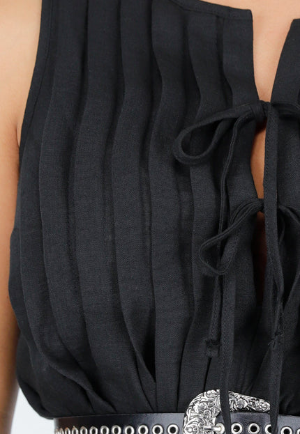 OP=OP.30.NL Zwarte Zomerjurk met Koordjes en Plooien