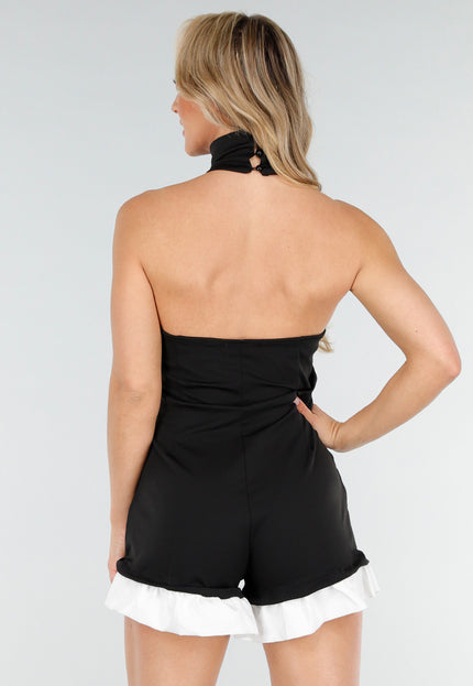 OP=OP.30.S Zwarte Halter Playsuit Met Witte Ruches