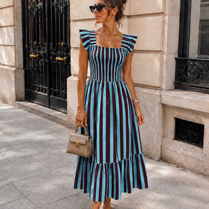 OP=OP.31.NL Blauw Gestreepte Midi Jurk met Smockdetail