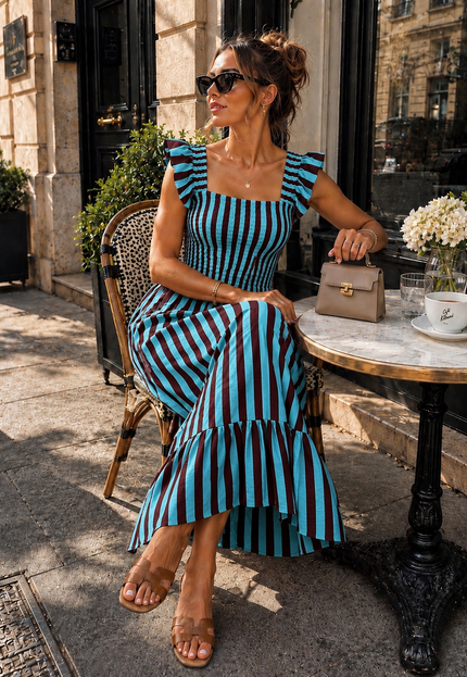OP=OP.31.NL Blauw Gestreepte Midi Jurk met Smockdetail