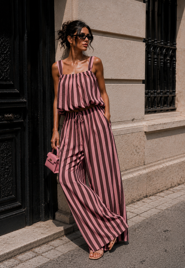 OP=OP.31.NL Bruin Roze Gestreepte Two Piece Set