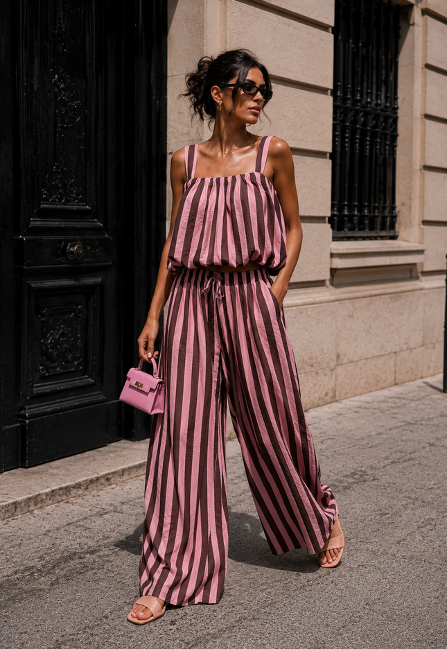 OP=OP.31.NL Bruin Roze Gestreepte Two Piece Set
