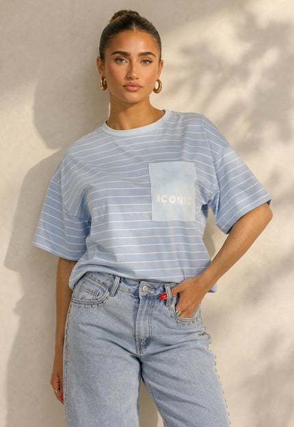 OP=OP.31.NL Lichtblauw Gestreept T-shirt met Borstzak