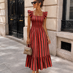 OP=OP.31.NL Rood Gestreepte Midi Jurk met Smockdetail