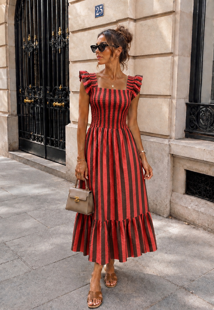 OP=OP.31.NL Rood Gestreepte Midi Jurk met Smockdetail