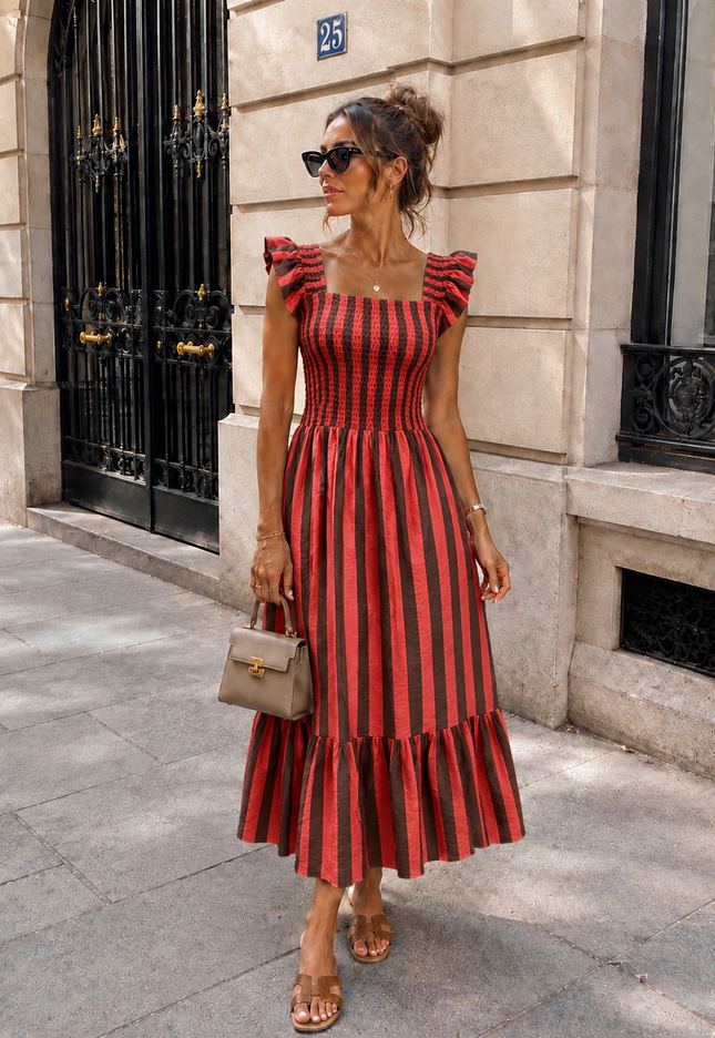 OP=OP.31.NL Rood Gestreepte Midi Jurk met Smockdetail