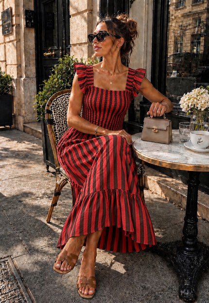OP=OP.31.NL Rood Gestreepte Midi Jurk met Smockdetail
