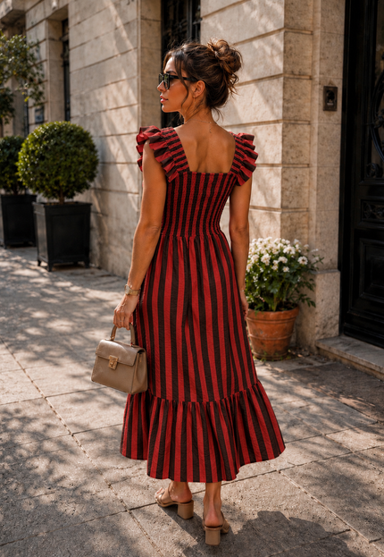 OP=OP.31.NL Rood Gestreepte Midi Jurk met Smockdetail