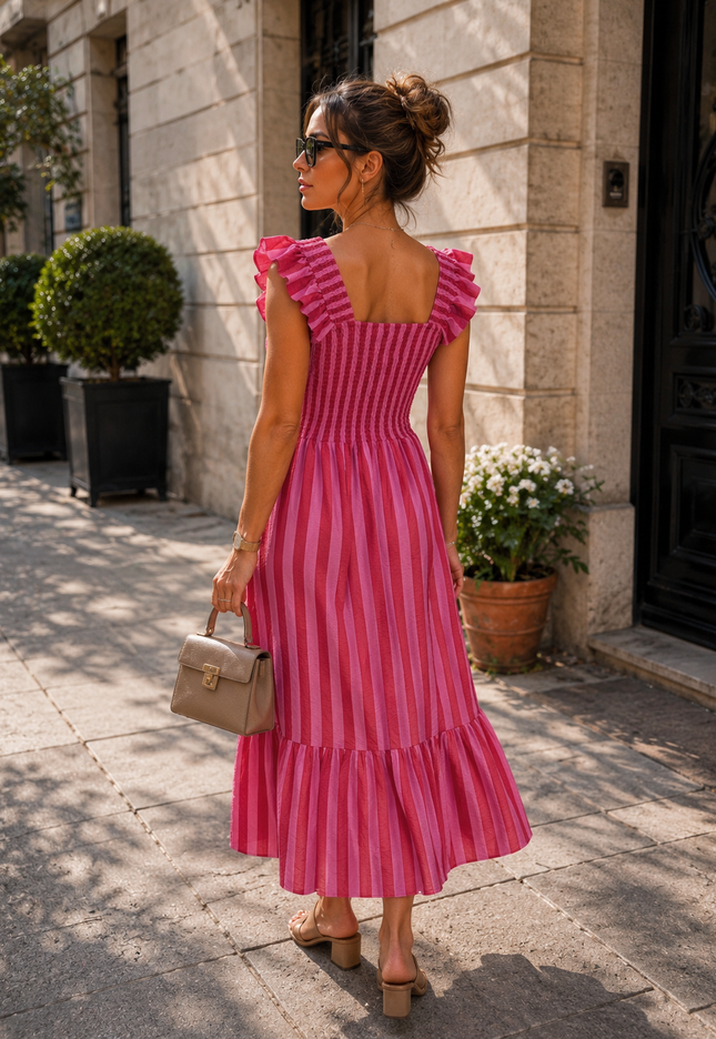 OP=OP.31.NL Roze Gestreepte Midi Jurk met Smockdetail